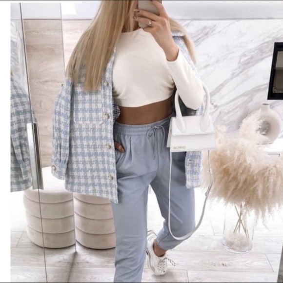 Zara Blue White Houndstooth Tweed Pearl Jewel Button Overshirt Shacket Jacket M - Picture 4 of 11